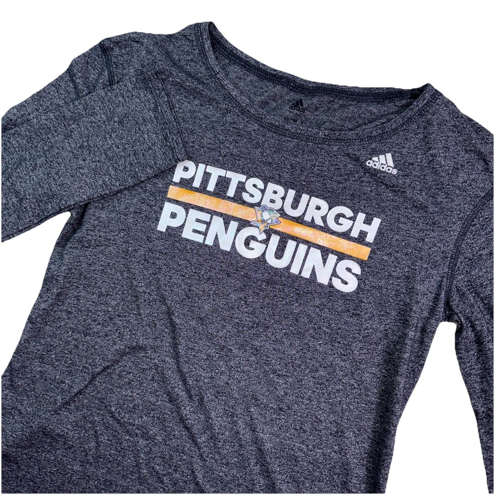 Adidas Pittsburgh Penguins T-Shirt Women Medium Gray Long Sleeve NHL Graphic Tee